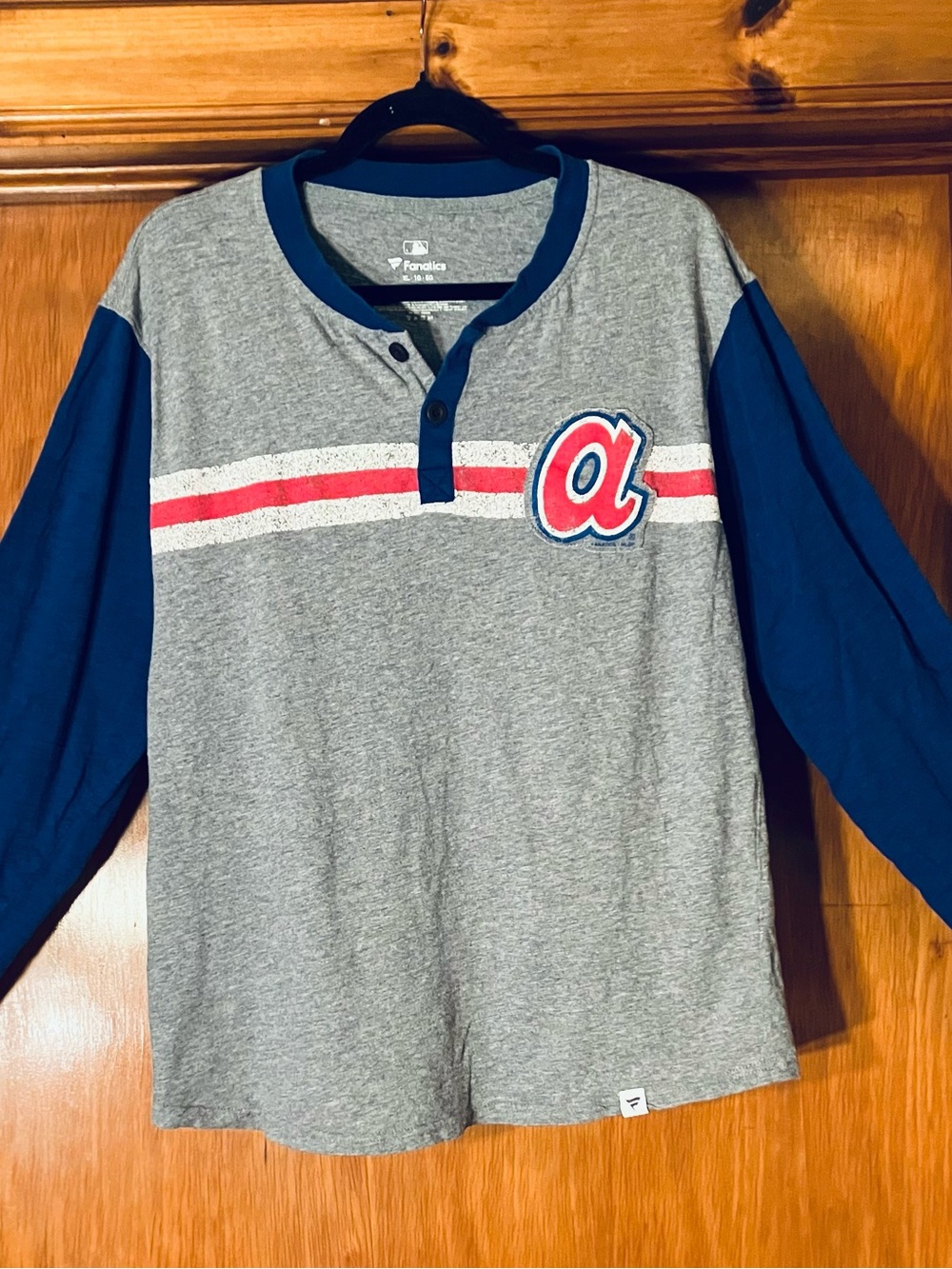 Fanatics Gray & Blue Long-Sleeve Baseball Henley with Red Stripe and 'A' Patch